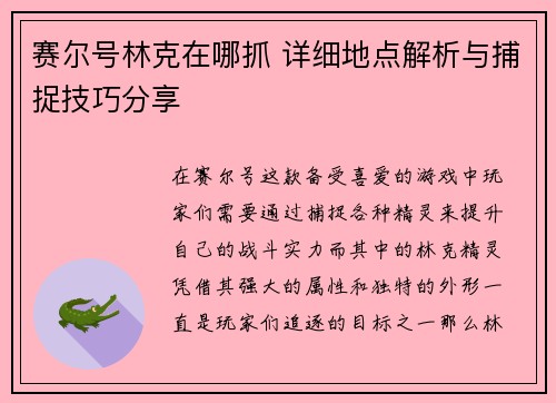 赛尔号林克在哪抓 详细地点解析与捕捉技巧分享